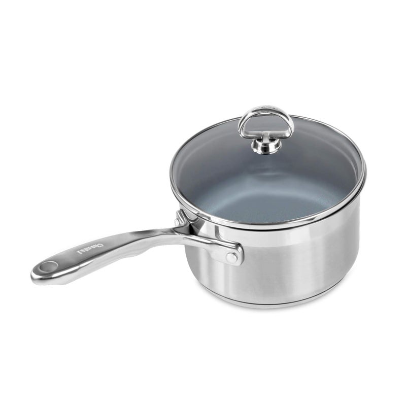 Chantal Induction 21 Steel 2 qt Non Stick Saucepan with Tempered Glass Lid, Ceramic Non Stick, Brushed Stainless Steel - Image 1